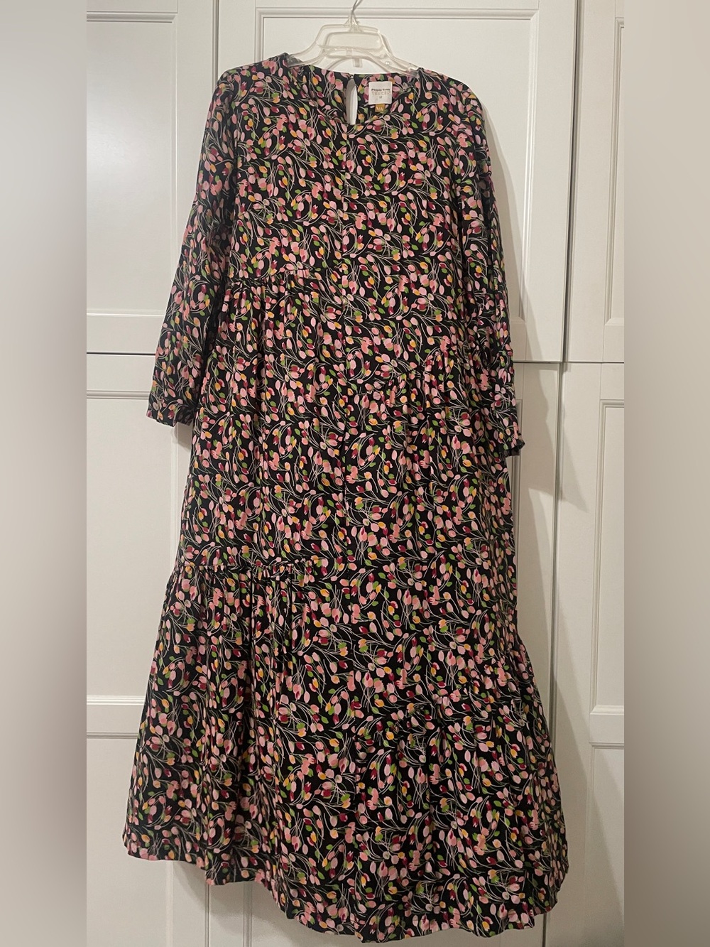 People Tree x V&A Tulip Print Tiered Midi Dress Black Pink Tencel Boho sz 12